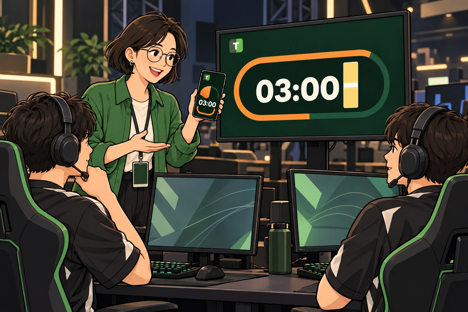 Comic illustration of an esports organizer controlling preparation time on a phone while adult players wearing headsets share a separate countdown monitor.