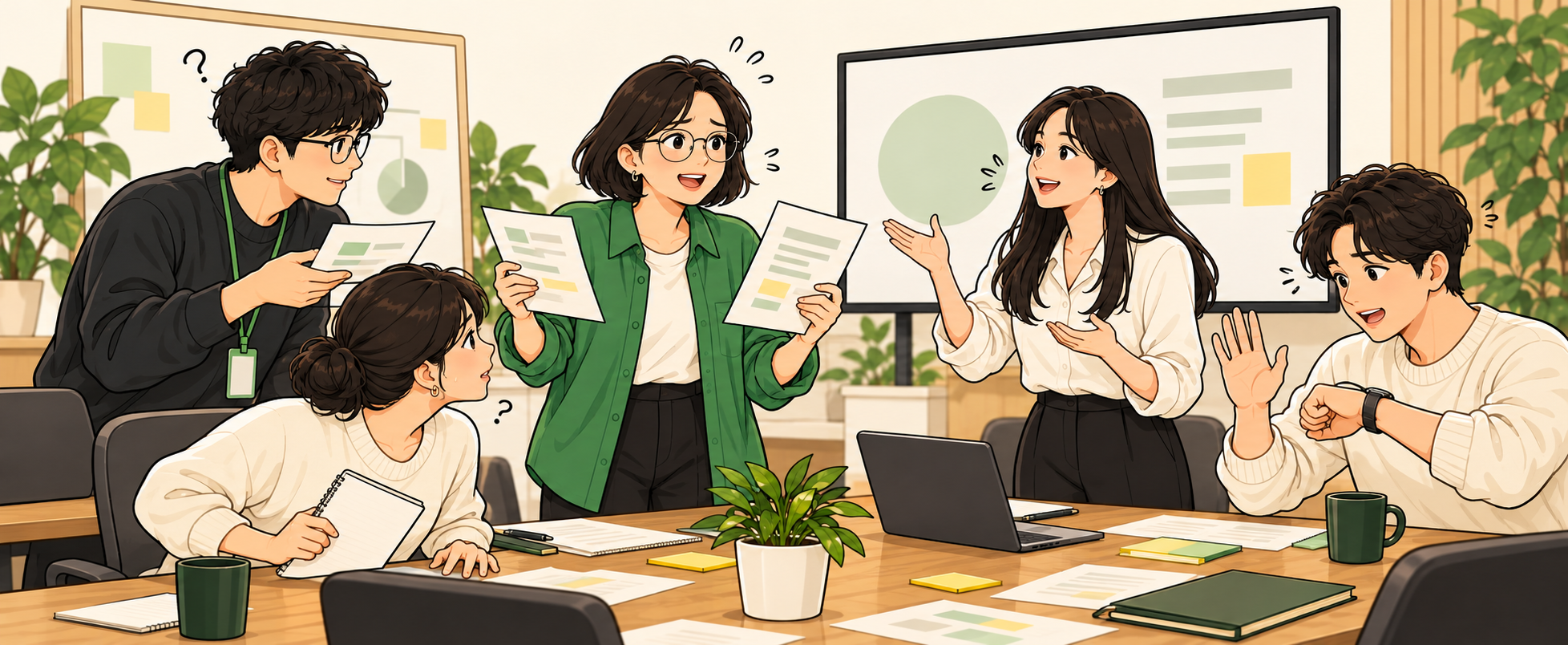 The comic characters look confused, comparing different agendas and asking what comes next without a shared timer.
