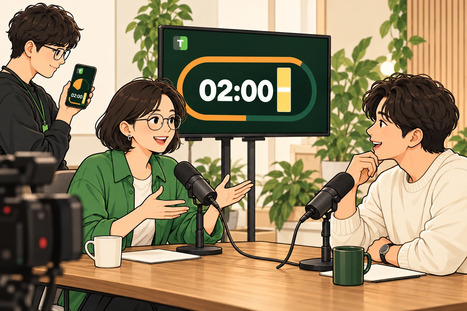 인터뷰 출연자 두 명이 대화하고 진행 스태프가 휴대폰과 별도 모니터의 타이머로 남은 시간을 안내하는 만화 일러스트