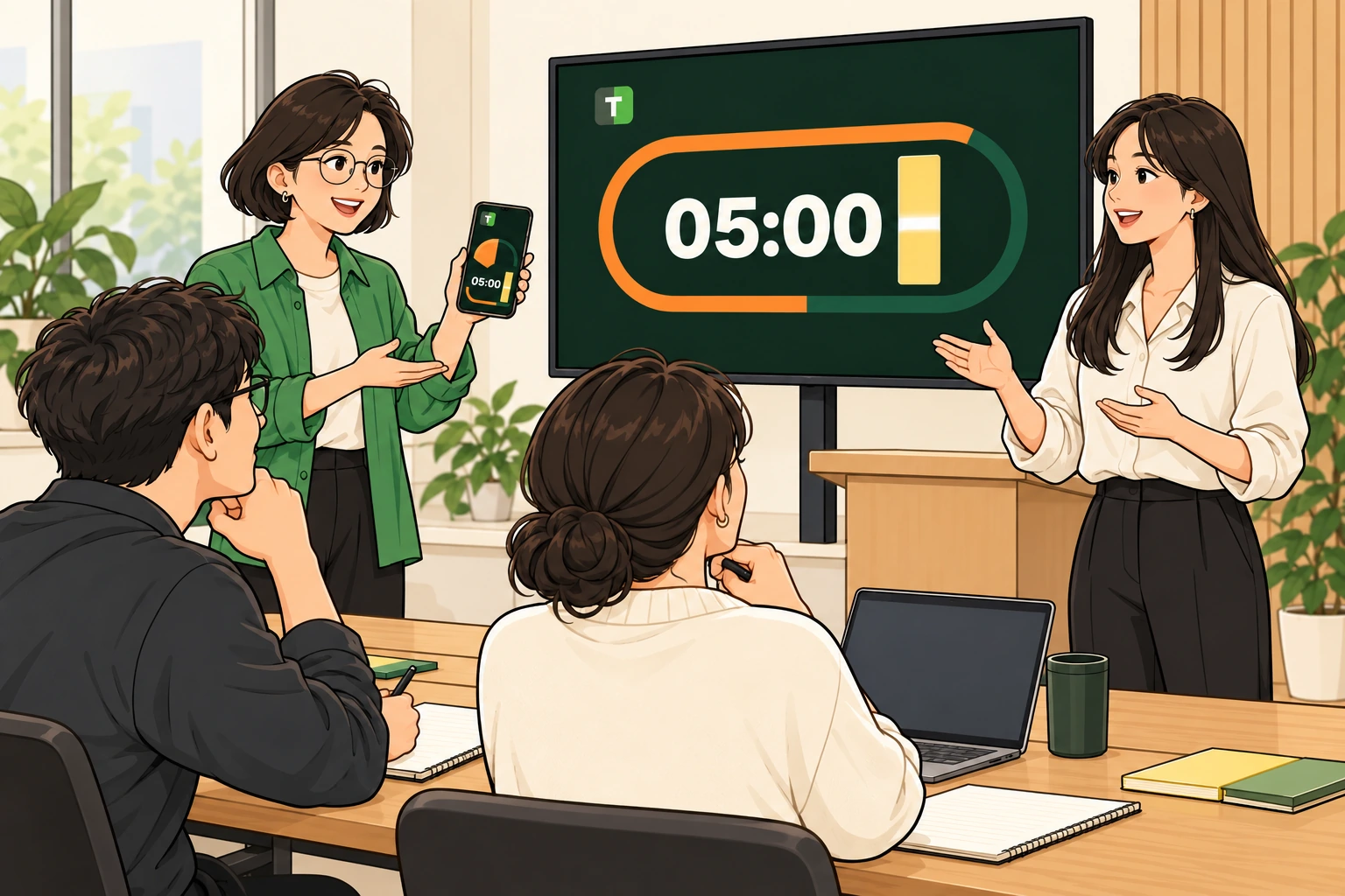 성인 수업에서 발표자와 수강생이 큰 화면의 타이머를 함께 확인하며 발표 시간을 관리하는 만화 일러스트