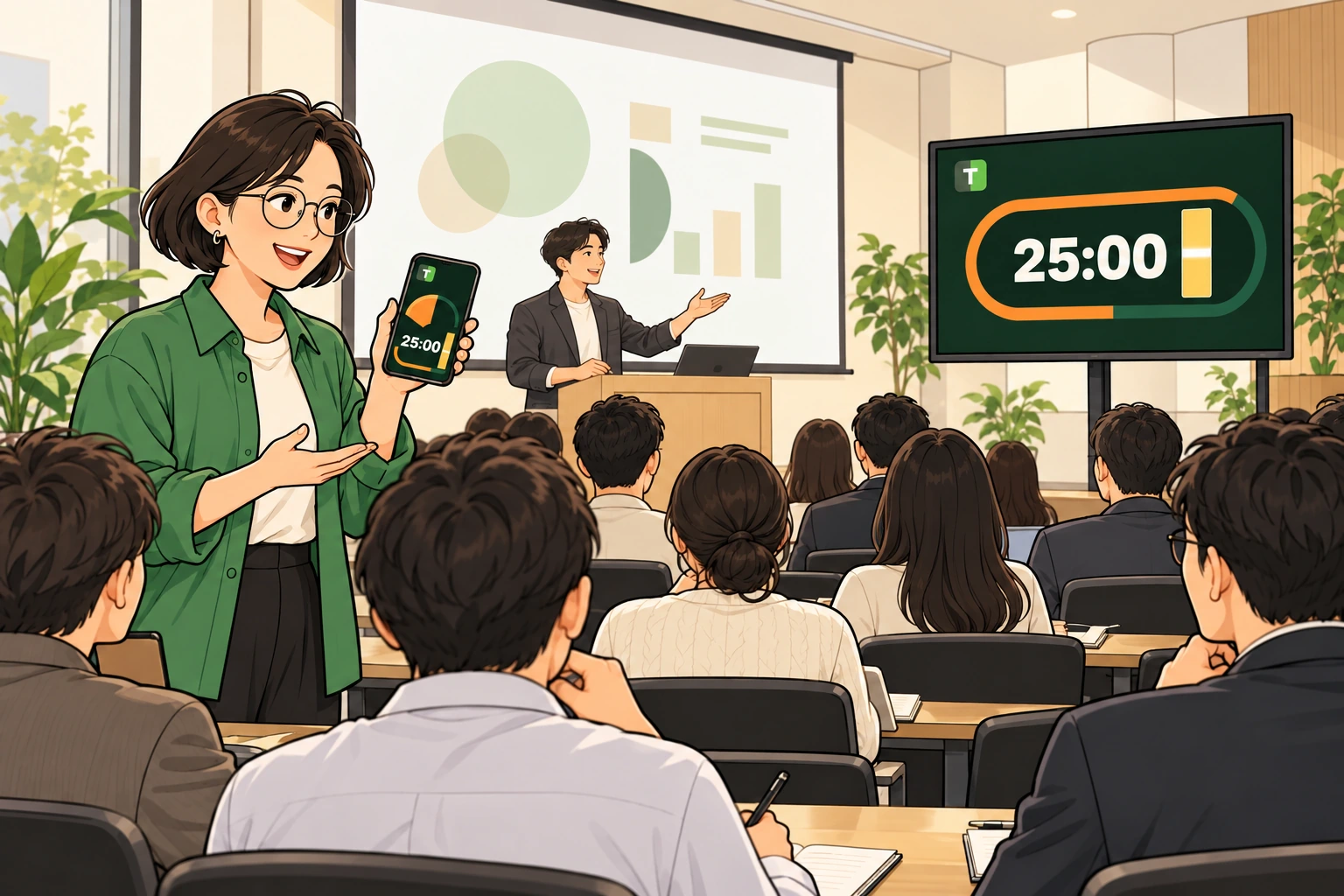 Comic illustration of a seminar where the host manages time on a phone and attendees share a timer on a separate monitor.