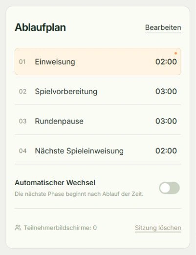Echte App-Ansicht für Vorbereitung und Pausen trennen mit markierten Tippstellen: Phasen bearbeiten, Manueller Wechsel