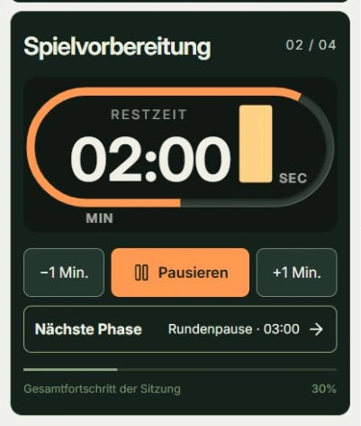 Echte App-Ansicht für Vorbereitungszeit teilen mit markierten Tippstellen: Pausieren, Rundenpause