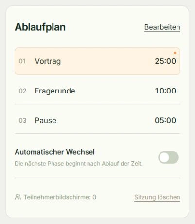 Echte App-Ansicht für Vortrag und Fragen planen mit markierten Tippstellen: Ablauf bearbeiten, Automatisch weiterschalten