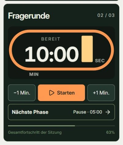 Echte App-Ansicht für Mit Fragen fortfahren mit markierten Tippstellen: Fragerunde starten, Zur Pause wechseln