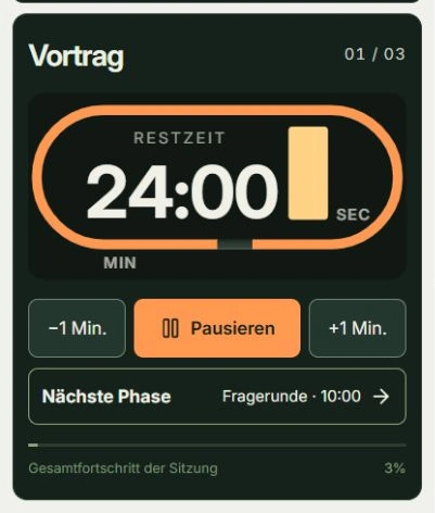 Echte App-Ansicht für Vortragstimer starten mit markierten Tippstellen: Pausieren, +1 Min.