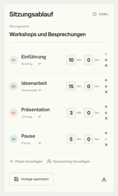 Echte App-Ansicht für Zeit und Phasen festlegen mit markierten Tippstellen: Minuten, Phasenname