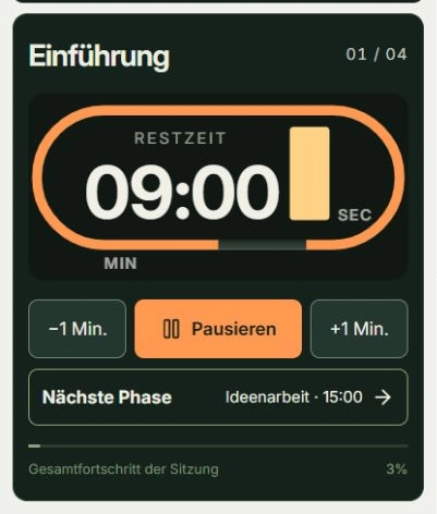 Echte App-Ansicht für Starten und Zeit anpassen mit markierten Tippstellen: Starten · Pausieren, +1 Min.
