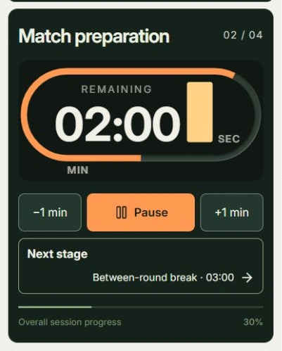Actual app screen for Share match preparation time, showing where to tap: Pause preparation, Between-round break