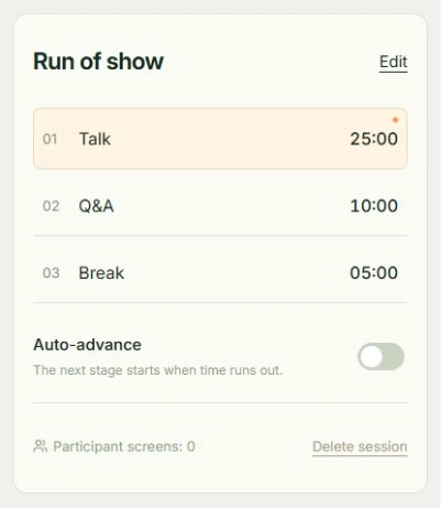 Actual app screen for Plan talk and Q&A time, showing where to tap: Edit agenda, Automatic advancement