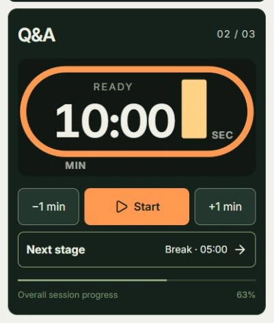 Actual app screen for Continue to Q&A, showing where to tap: Start Q&A, Move to the break