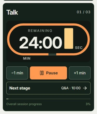 Actual app screen for Run the talk timer, showing where to tap: Pause, +1 min