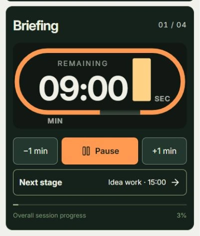 Actual app screen for Start and adjust time, showing where to tap: Start · Pause, +1 min
