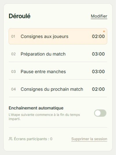 Capture réelle de Séparer préparation et pauses, avec les zones à toucher : Modifier les phases, Transition manuelle
