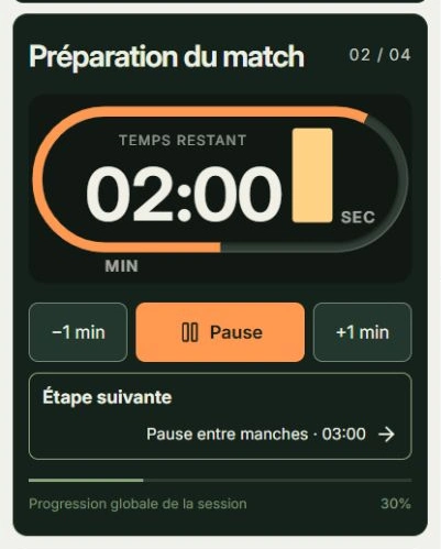 Capture réelle de Partager le temps de préparation, avec les zones à toucher : Mettre la préparation en pause, Pause entre manches