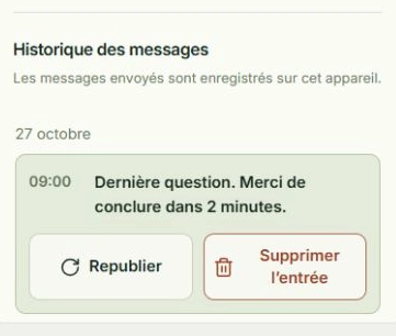 Capture réelle de Réutiliser un ancien message, avec les zones à toucher : Choisir une entrée, Republier