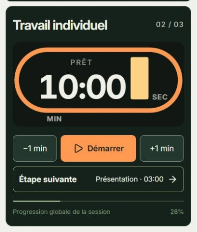 Capture réelle de Passer à l’activité suivante, avec les zones à toucher : Démarrer la nouvelle étape, Étape suivante