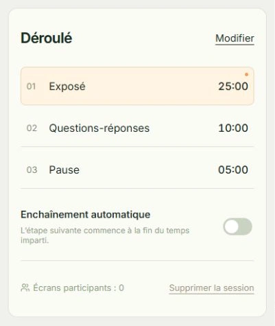 Capture réelle de Prévoir exposé et questions, avec les zones à toucher : Modifier le programme, Passage automatique
