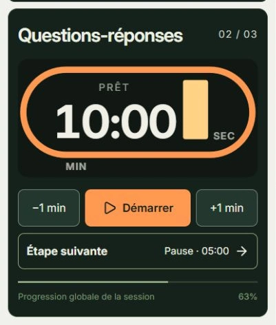 Capture réelle de Enchaîner avec les questions, avec les zones à toucher : Démarrer les questions, Passer à la pause
