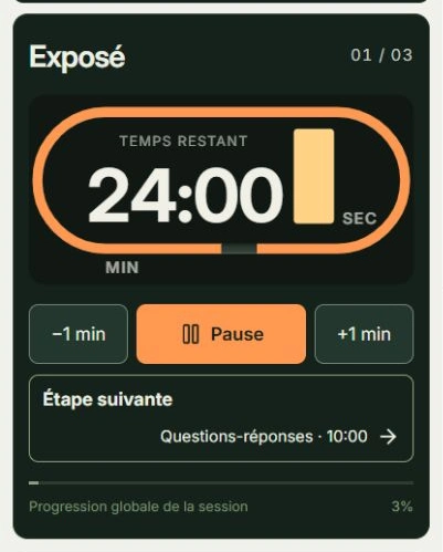 Capture réelle de Lancer le temps de l’exposé, avec les zones à toucher : Pause, +1 min