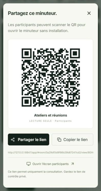 Capture réelle de Inviter les participants, avec les zones à toucher : Copier le lien