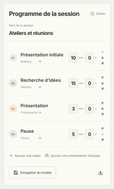 Capture réelle de Définir temps et étapes, avec les zones à toucher : Minutes, Nom de l’étape