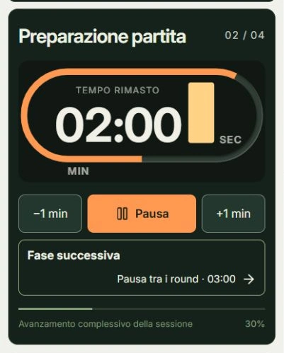 Schermata reale di Condividi il tempo di preparazione, con i punti da toccare: Pausa della preparazione, Pausa tra i round