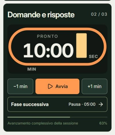 Schermata reale di Prosegui con le domande, con i punti da toccare: Avvia le domande, Passa alla pausa