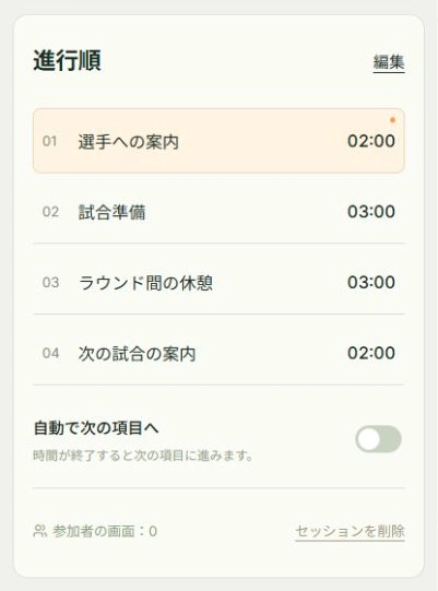 準備と休憩を分けるの実際のアプリ画面。操作位置：進行区間を編集, 手動の切り替え