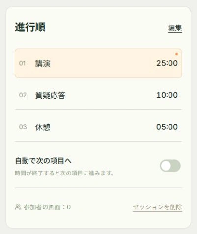 講演と質問の時間を構成の実際のアプリ画面。操作位置：予定を編集, 自動進行の選択