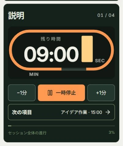 開始して時間を調整の実際のアプリ画面。操作位置：開始・一時停止, ＋1分
